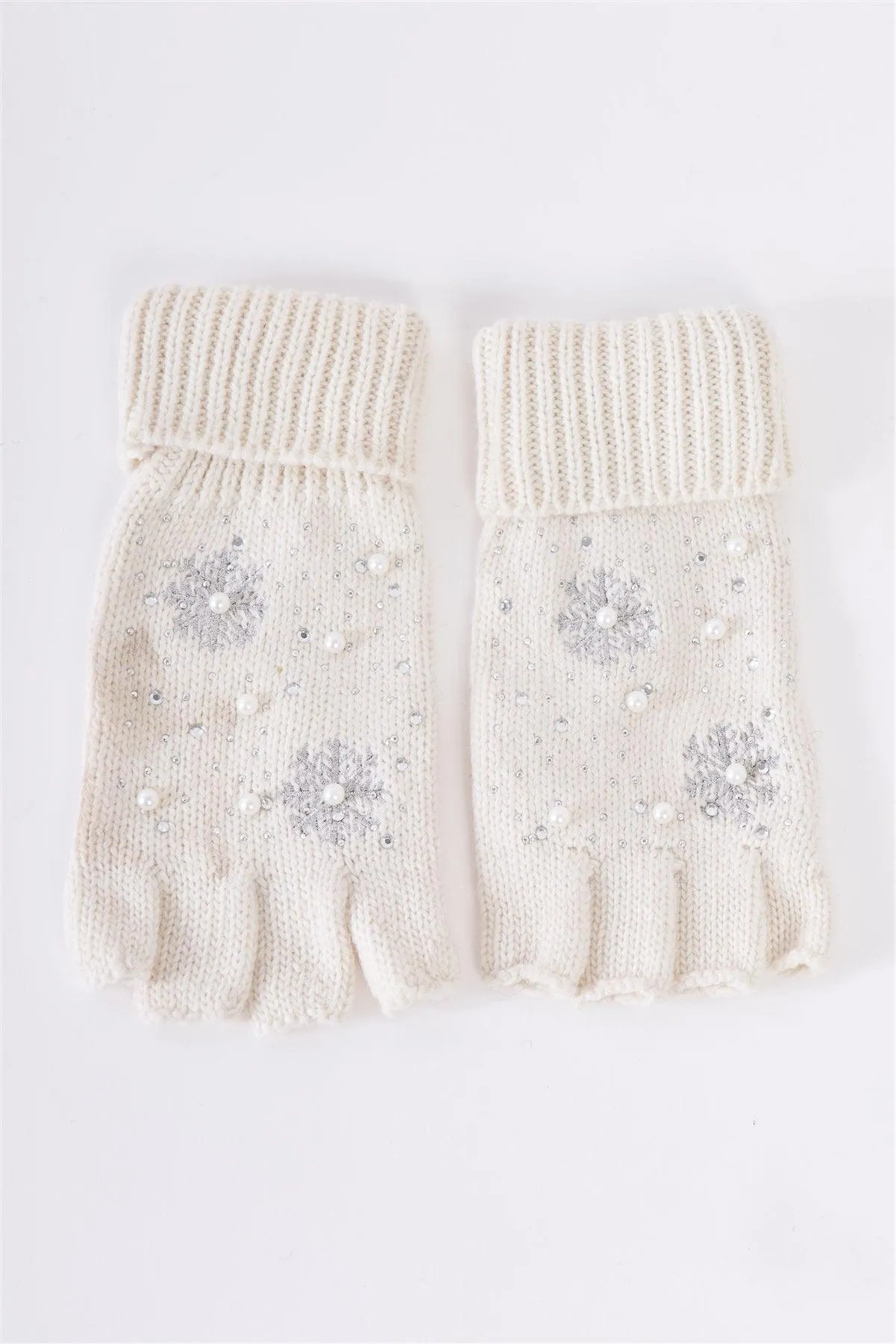 Ivory Fingerless Snowflakes Pearl Rhinestone Winter Gloves /2 Pieces