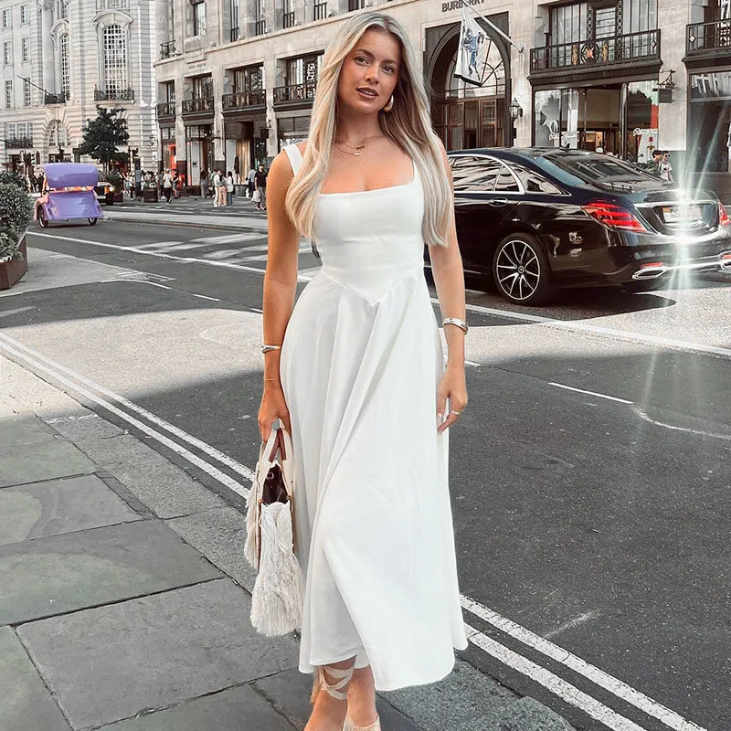 Joskaa white dress D24ds396 Women's Clothing 2024 Summer Square Collar Sleeveless Backless Sling High Waist Dress