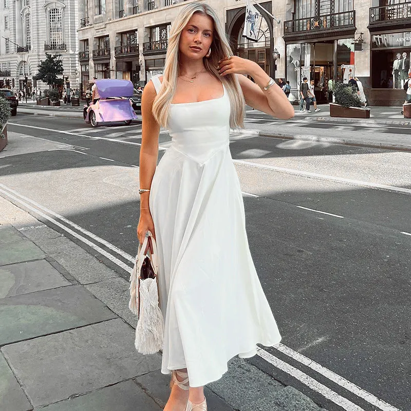 Joskaa white dress D24ds396 Women's Clothing 2024 Summer Square Collar Sleeveless Backless Sling High Waist Dress