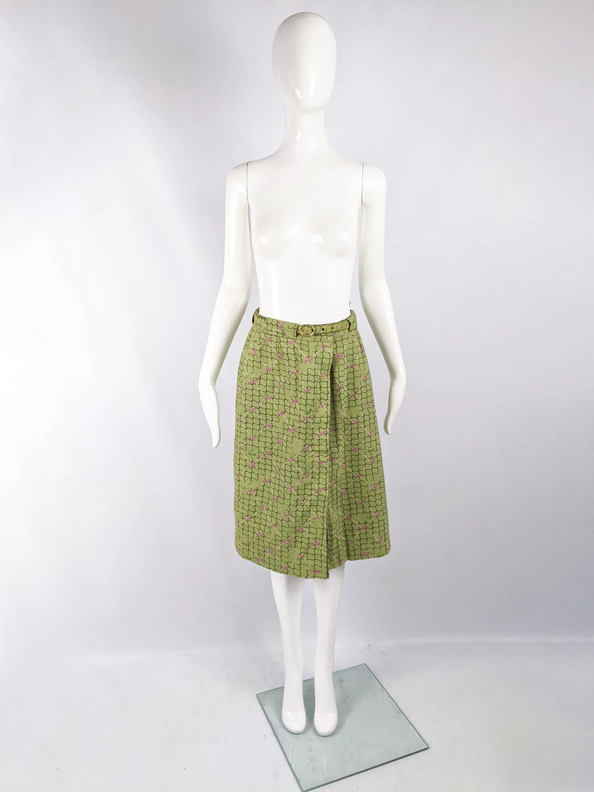 Ken Scott Fabric Vintage Green Cotton Wire Fence Print Skirt, 1970s