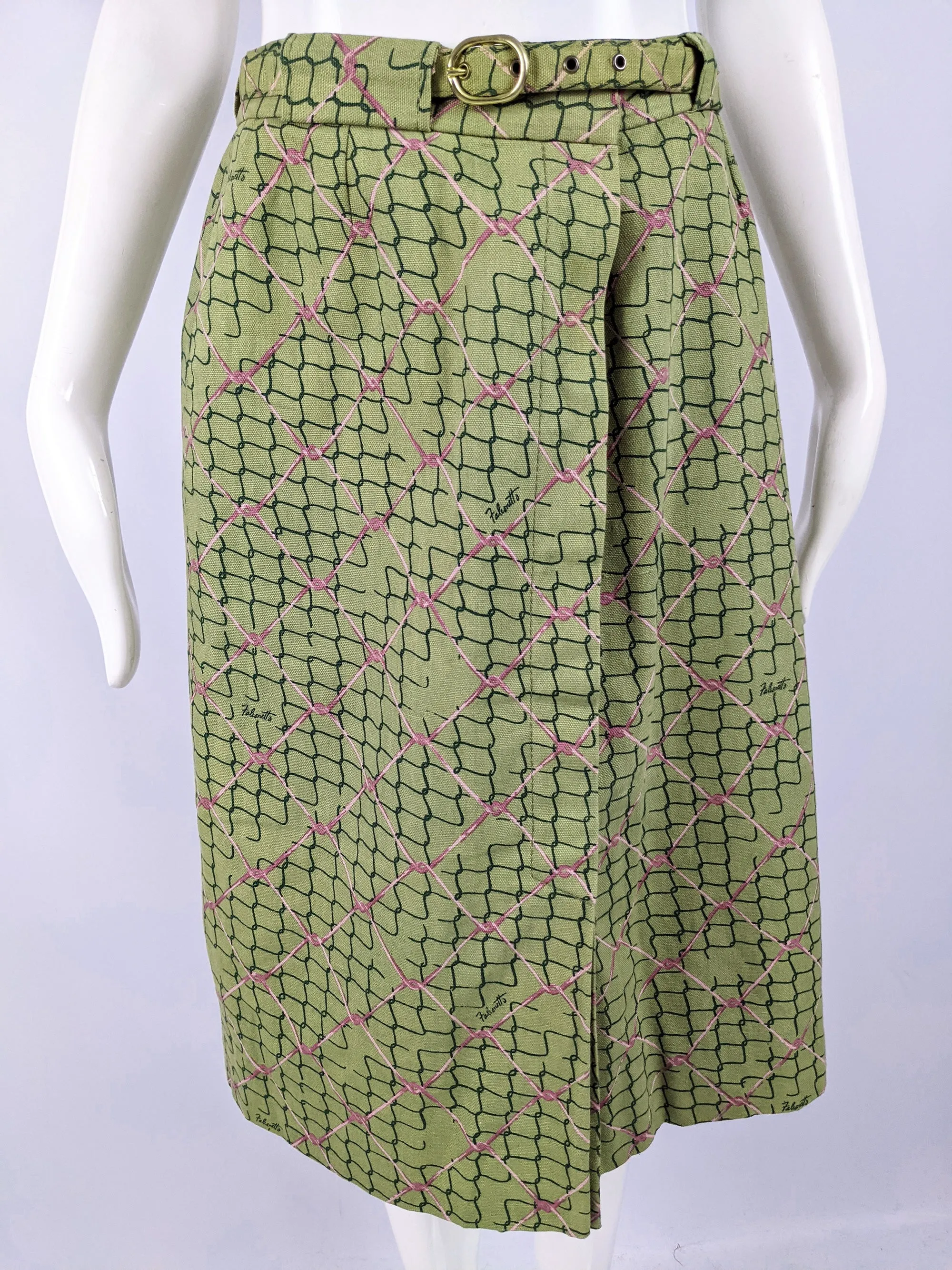 Ken Scott Fabric Vintage Green Cotton Wire Fence Print Skirt, 1970s