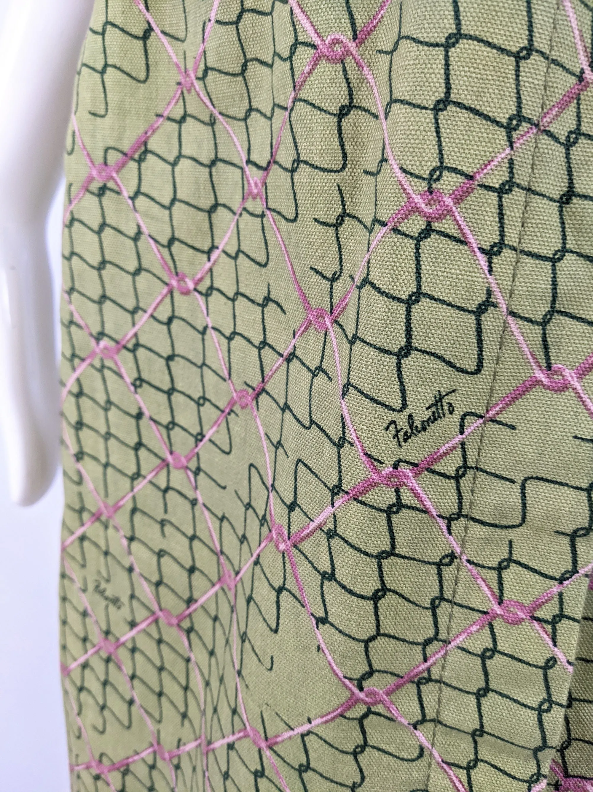 Ken Scott Fabric Vintage Green Cotton Wire Fence Print Skirt, 1970s