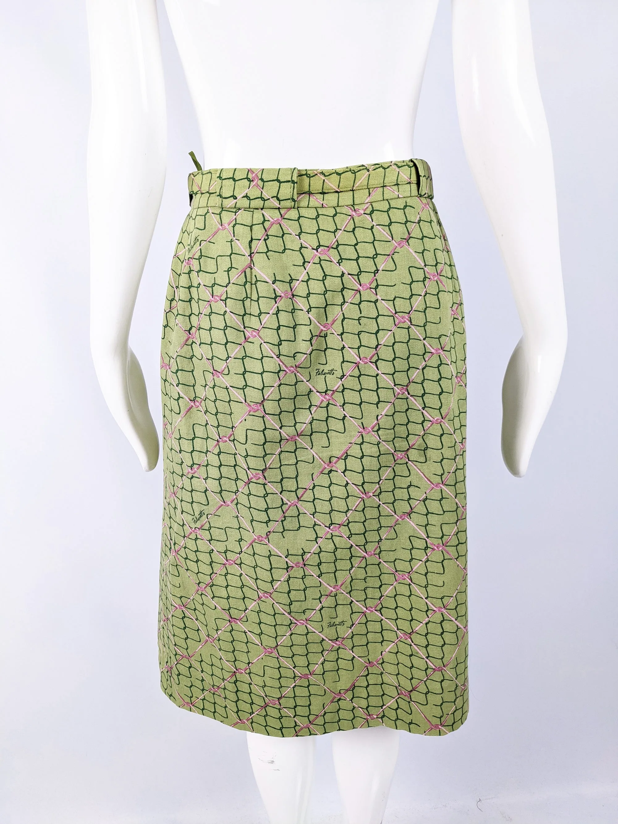 Ken Scott Fabric Vintage Green Cotton Wire Fence Print Skirt, 1970s