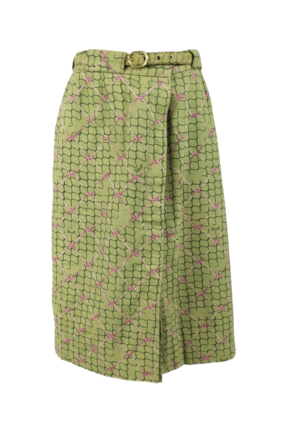 Ken Scott Fabric Vintage Green Cotton Wire Fence Print Skirt, 1970s