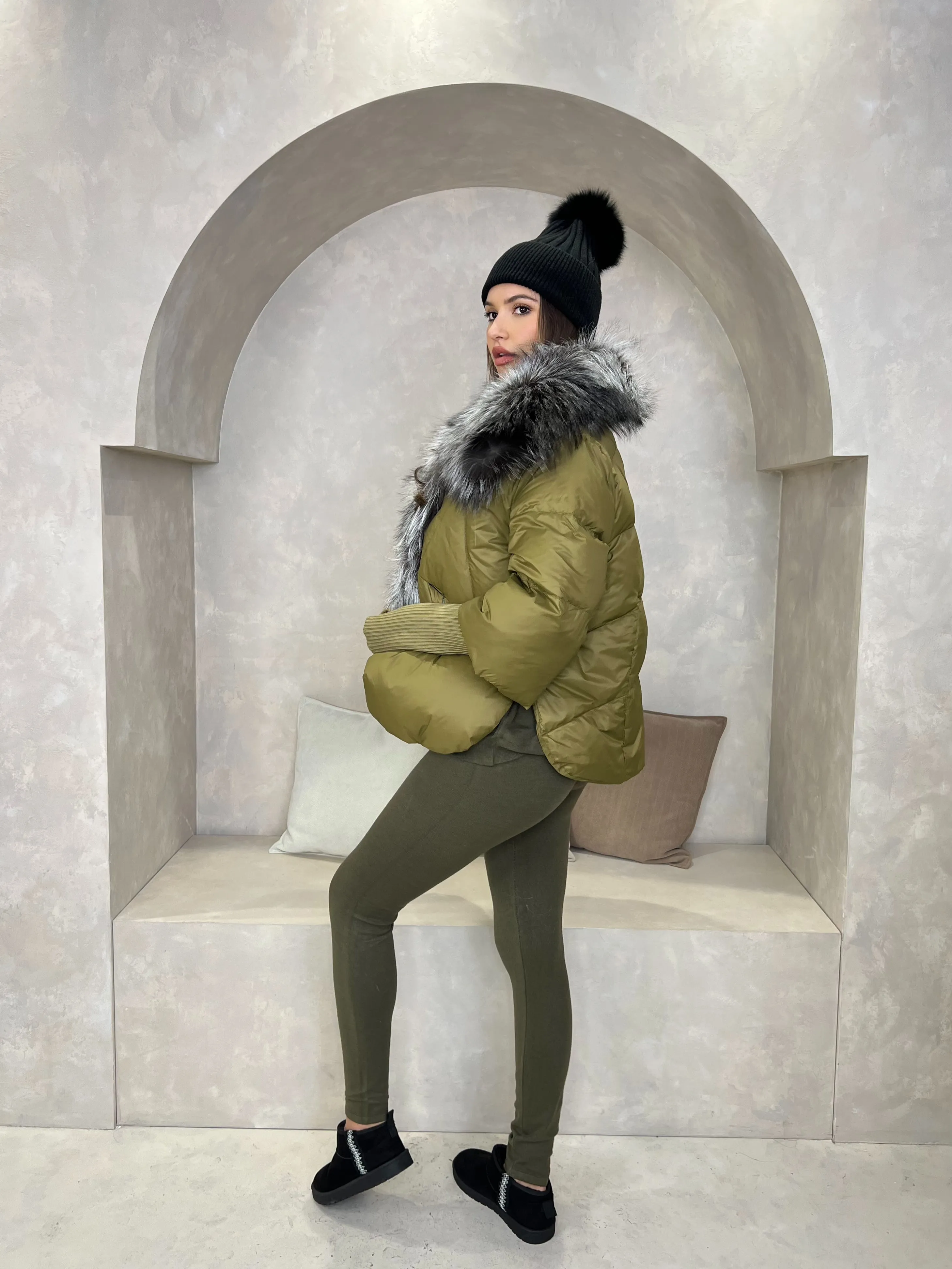 Khaki Luxury Fur Trim Jacket