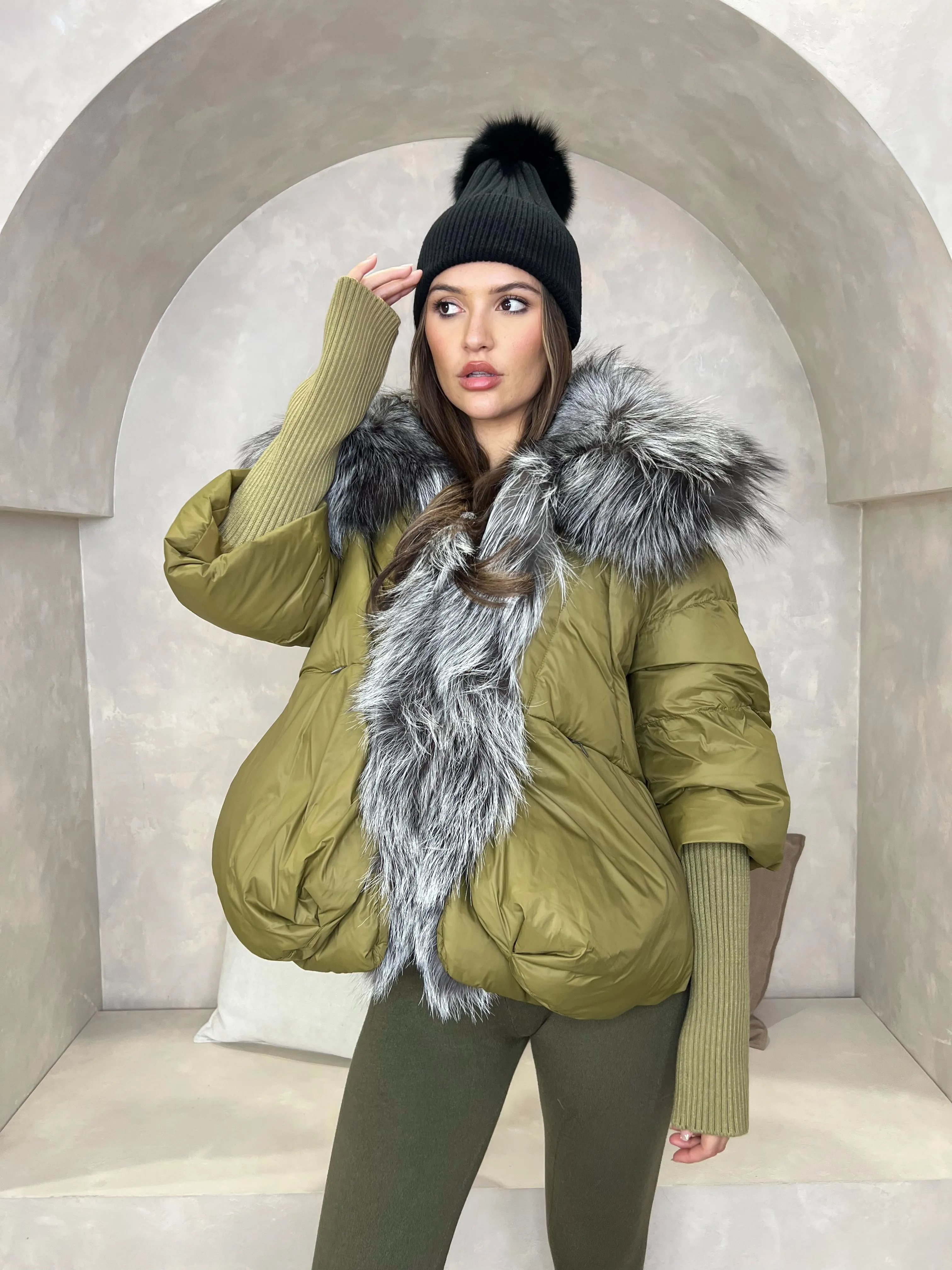 Khaki Luxury Fur Trim Jacket