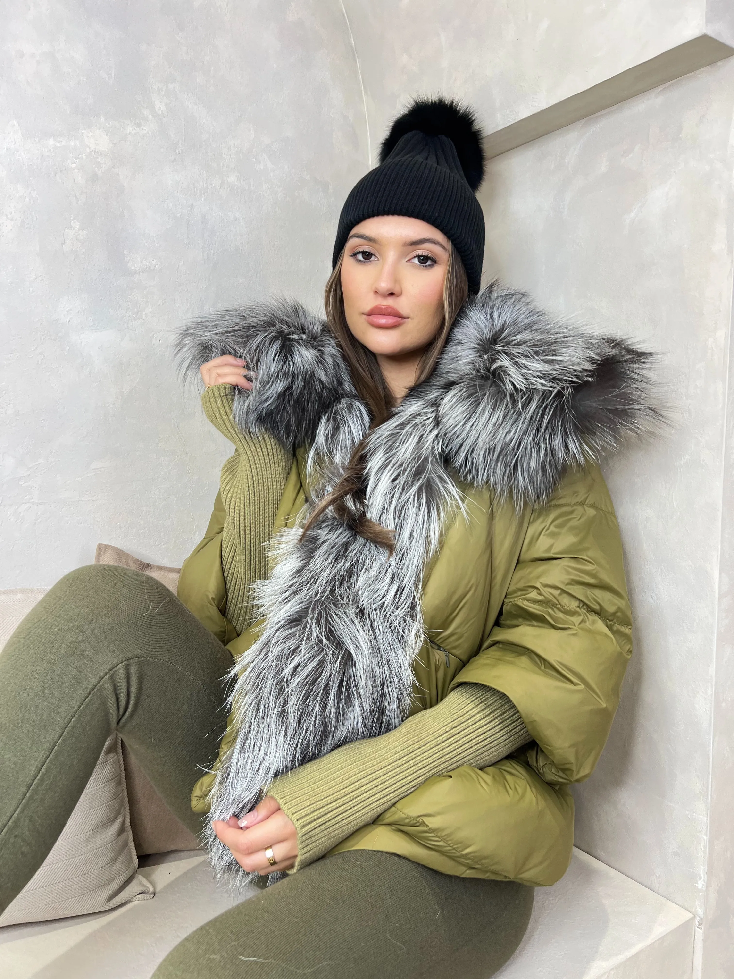 Khaki Luxury Fur Trim Jacket