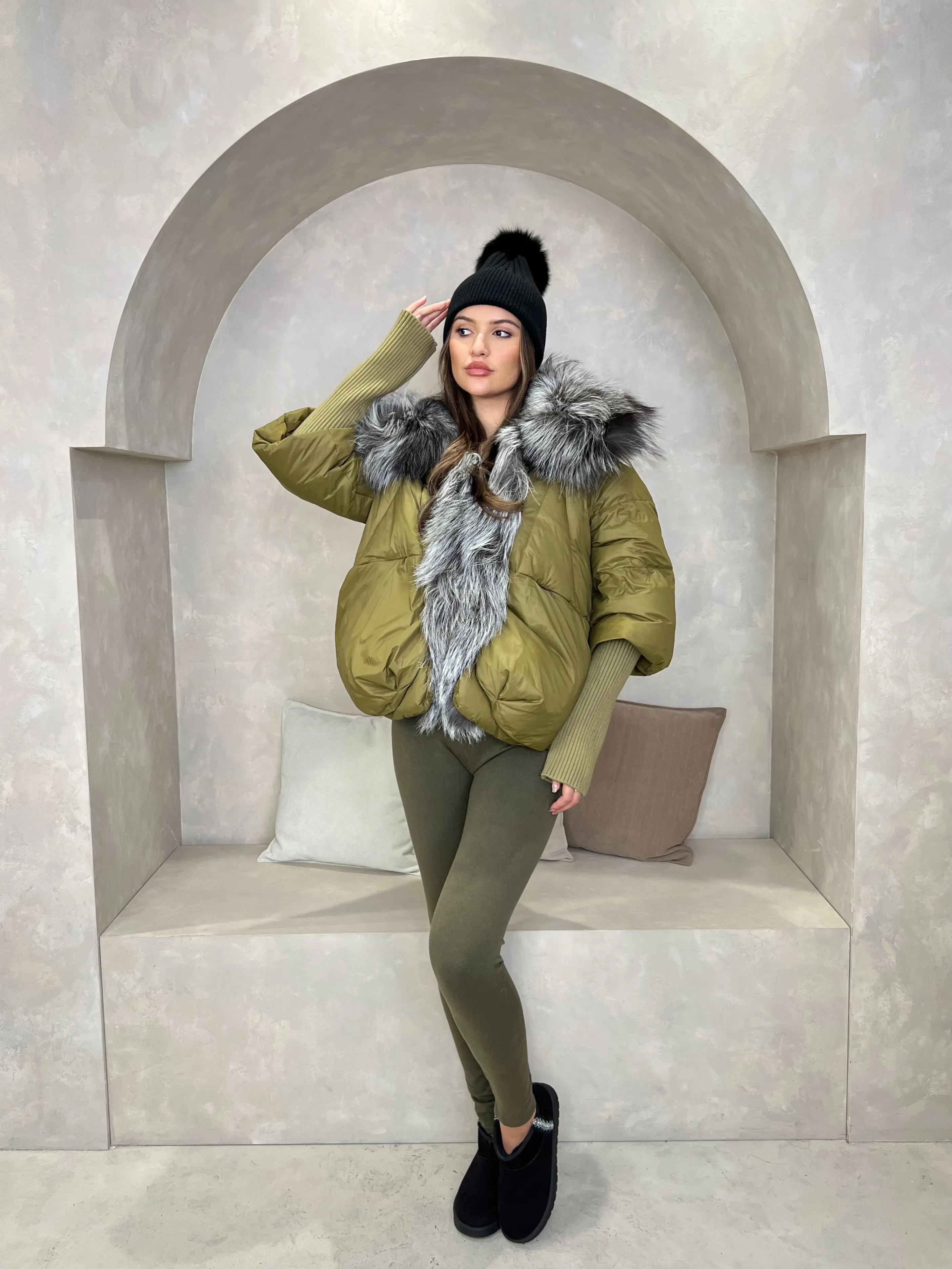 Khaki Luxury Fur Trim Jacket