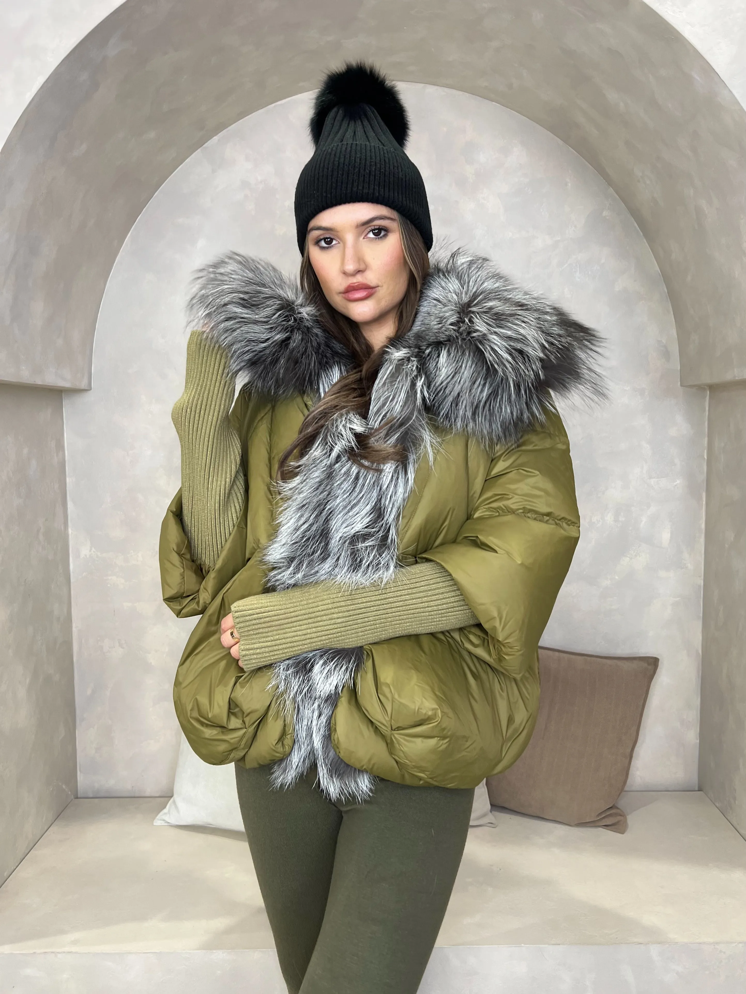 Khaki Luxury Fur Trim Jacket