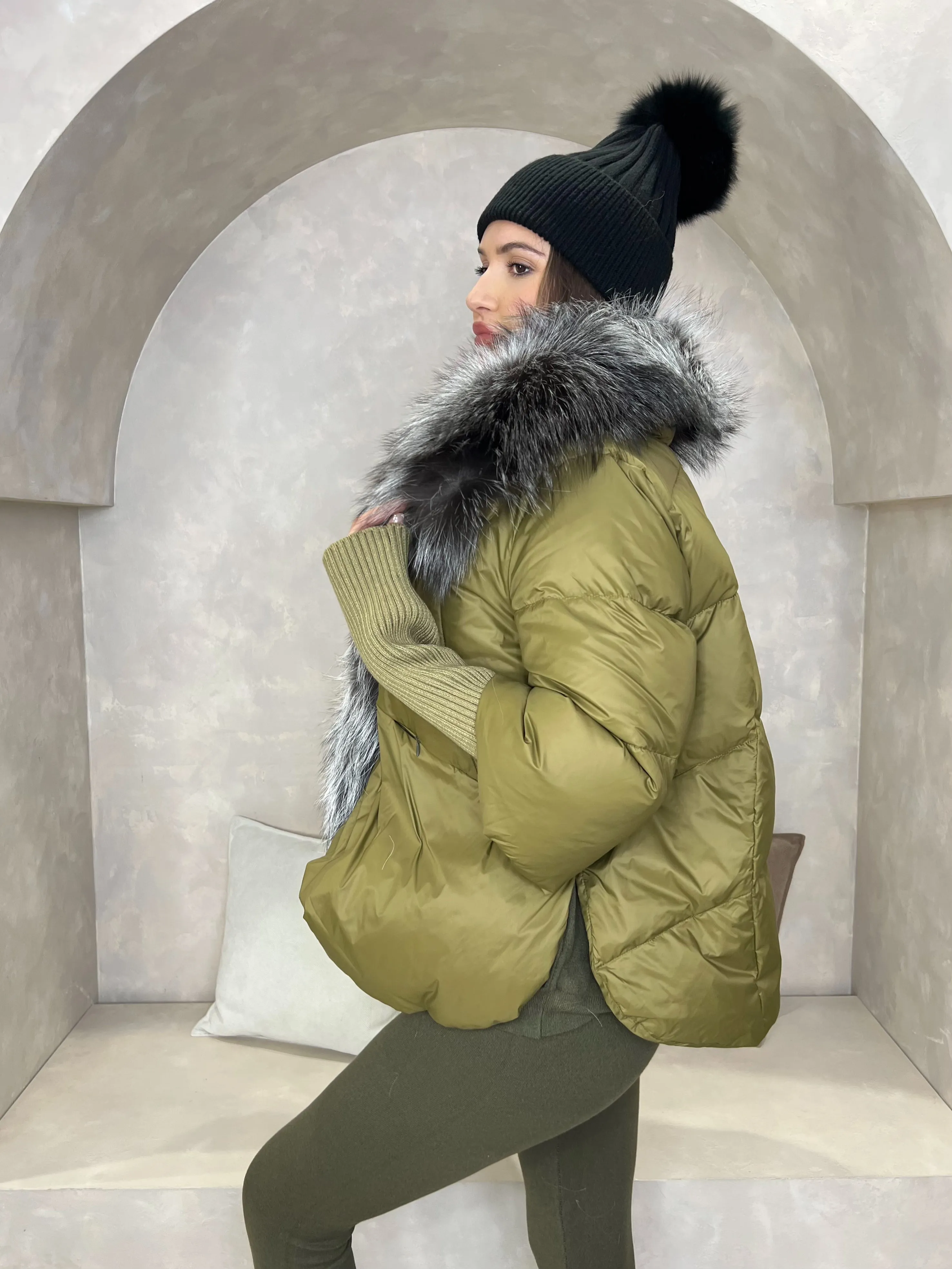 Khaki Luxury Fur Trim Jacket