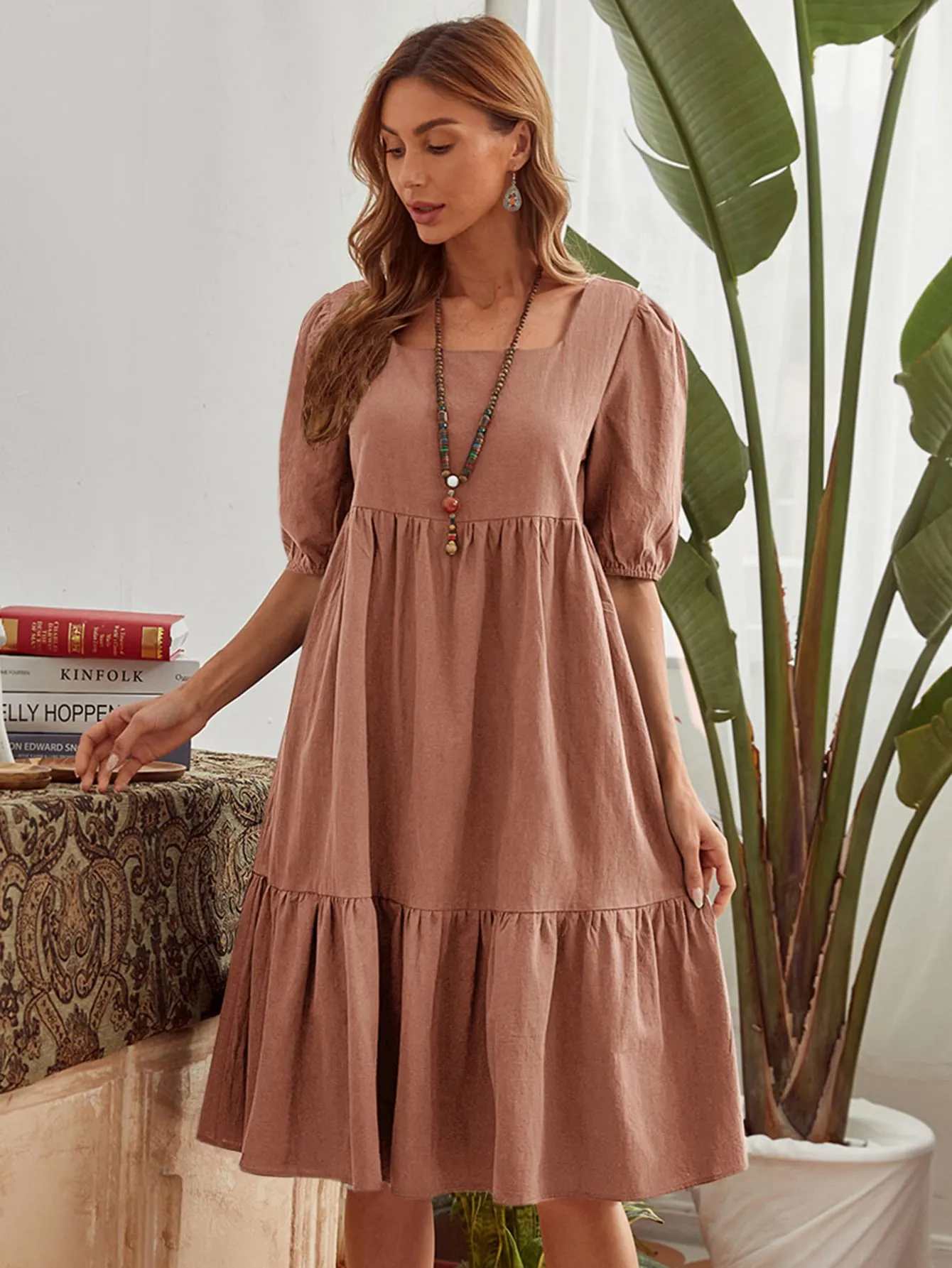 KittenAlarm - Puff Sleeve Shirred Waist Ruffles Dress