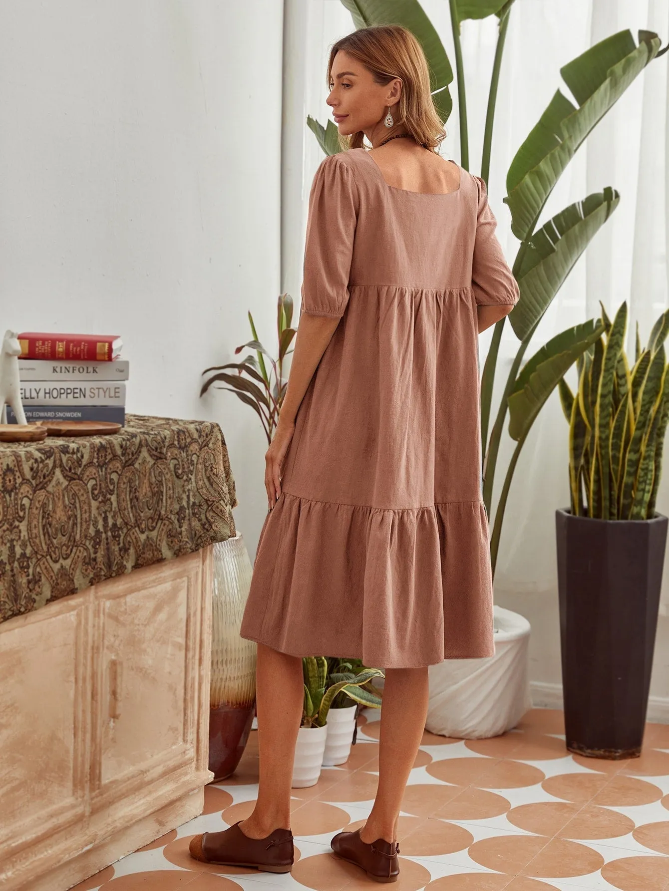 KittenAlarm - Puff Sleeve Shirred Waist Ruffles Dress