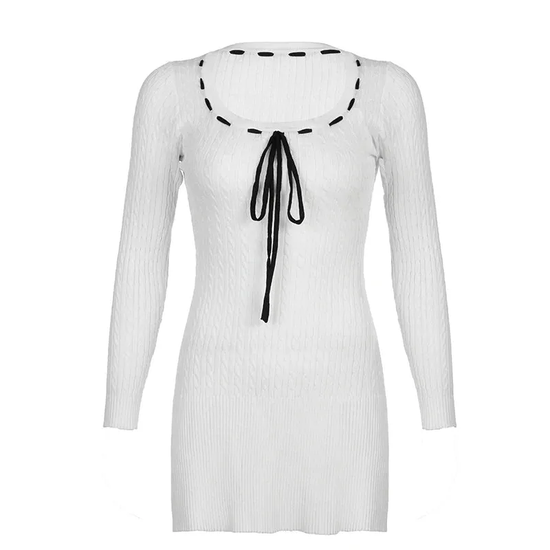 Korean Fashion Basic Sweet Knitted Sweater Dress Women Twisted A-Line Autumn Dresses Front Tie-Up Square Neck Casual