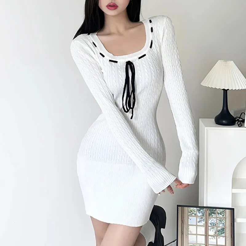 Korean Fashion Basic Sweet Knitted Sweater Dress Women Twisted A-Line Autumn Dresses Front Tie-Up Square Neck Casual