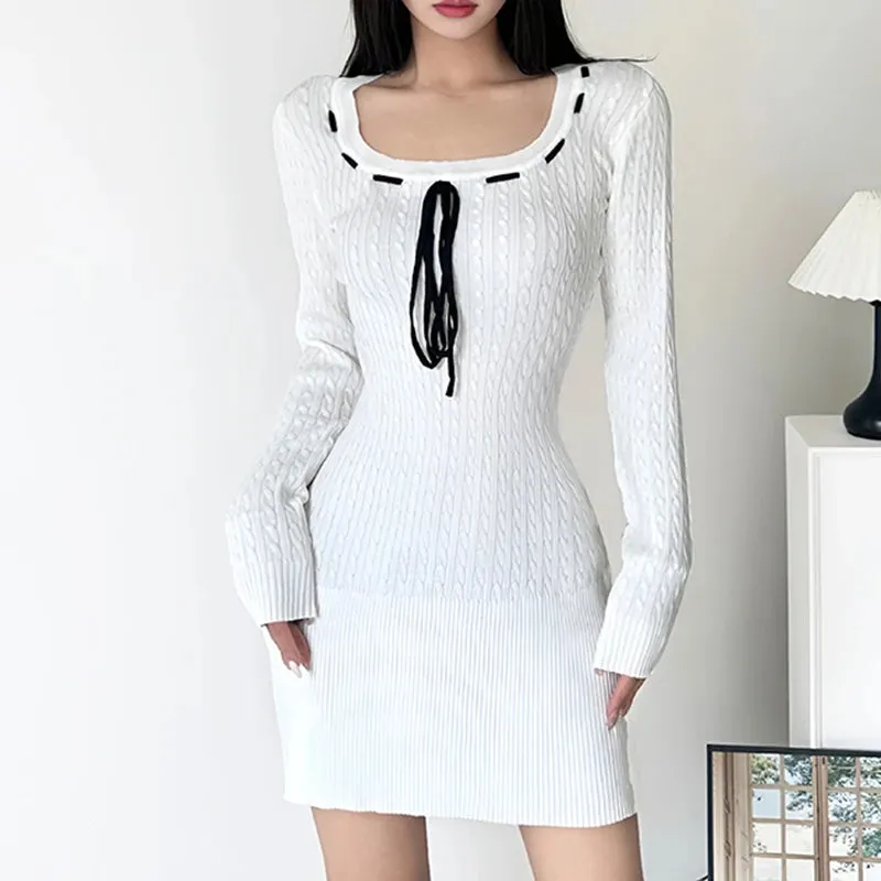 Korean Fashion Basic Sweet Knitted Sweater Dress Women Twisted A-Line Autumn Dresses Front Tie-Up Square Neck Casual