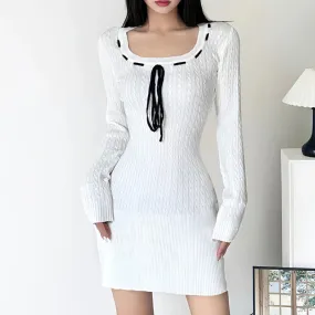 Korean Fashion Basic Sweet Knitted Sweater Dress Women Twisted A-Line Autumn Dresses Front Tie-Up Square Neck Casual