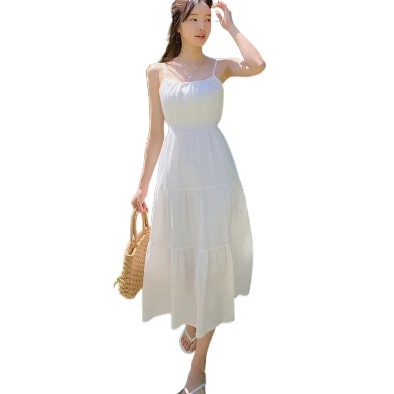 Lanfubeisi church outfit Chic Korean Style Summer French Gentle Sweet Square Collar Pleated Holiday Casual Cake Skirt Sling Dress