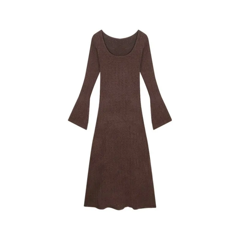 Lanfubeisi fashion outfits Early Autumn Brown Long-Sleeved Knitted Dress Women's Slim-Fit Draping Tight Waist A- line Midi Dress Retro Elegant Skirt