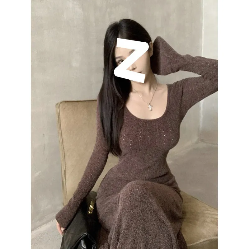 Lanfubeisi fashion outfits Early Autumn Brown Long-Sleeved Knitted Dress Women's Slim-Fit Draping Tight Waist A- line Midi Dress Retro Elegant Skirt