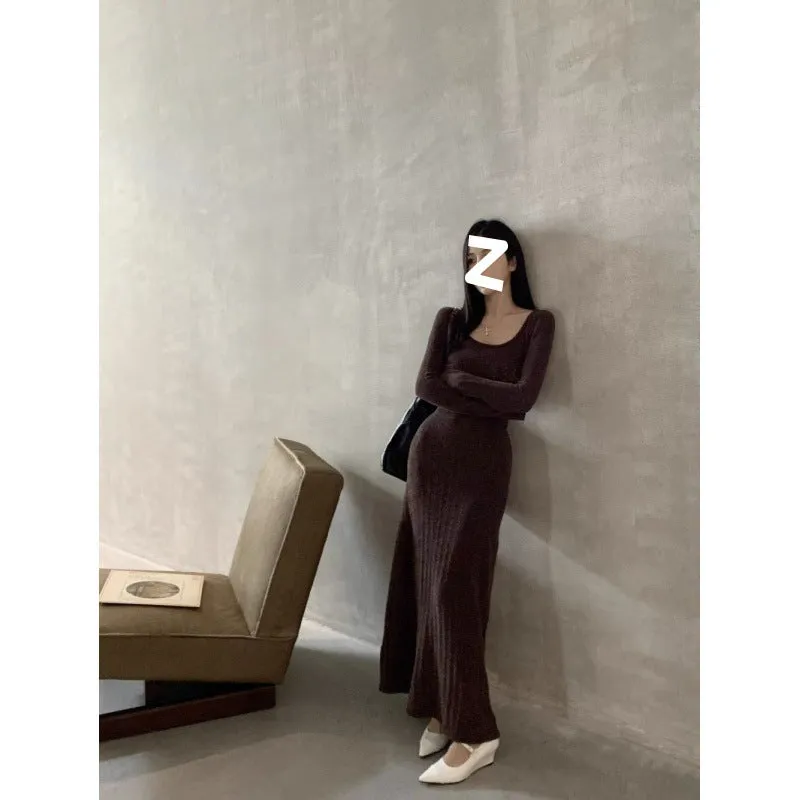 Lanfubeisi fashion outfits Early Autumn Brown Long-Sleeved Knitted Dress Women's Slim-Fit Draping Tight Waist A- line Midi Dress Retro Elegant Skirt