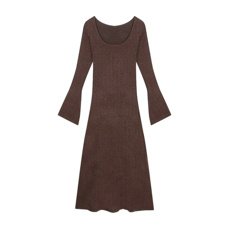 Lanfubeisi fashion outfits Early Autumn Brown Long-Sleeved Knitted Dress Women's Slim-Fit Draping Tight Waist A- line Midi Dress Retro Elegant Skirt