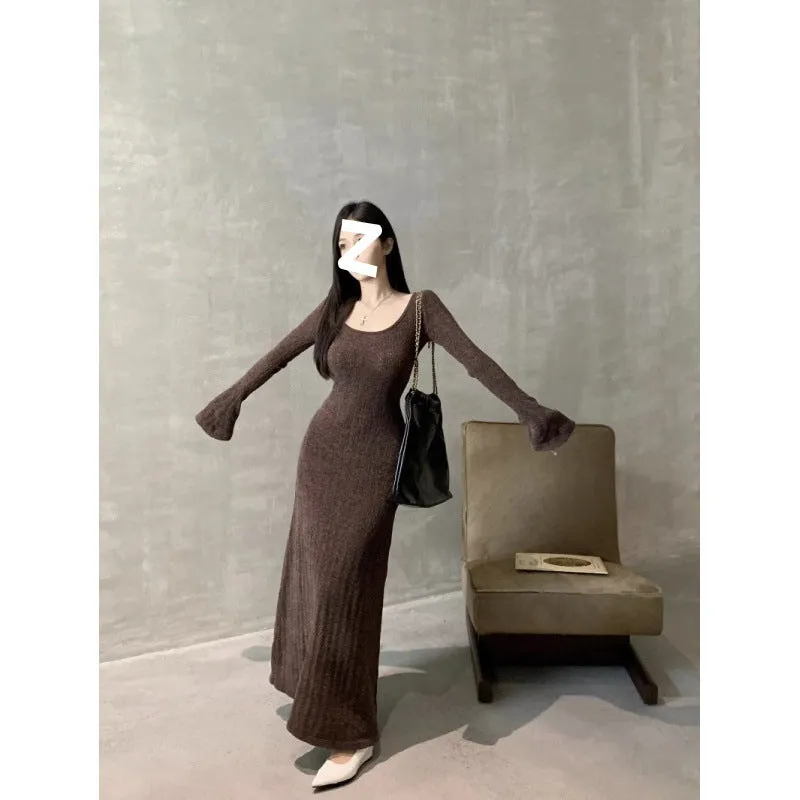 Lanfubeisi fashion outfits Early Autumn Brown Long-Sleeved Knitted Dress Women's Slim-Fit Draping Tight Waist A- line Midi Dress Retro Elegant Skirt