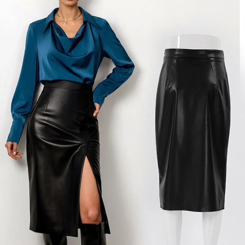 Lanfubeisi work outfits women 2024 Spring and Autumn New Women's Leather Skirt Casual Split High Waist Skirt Hot Selling