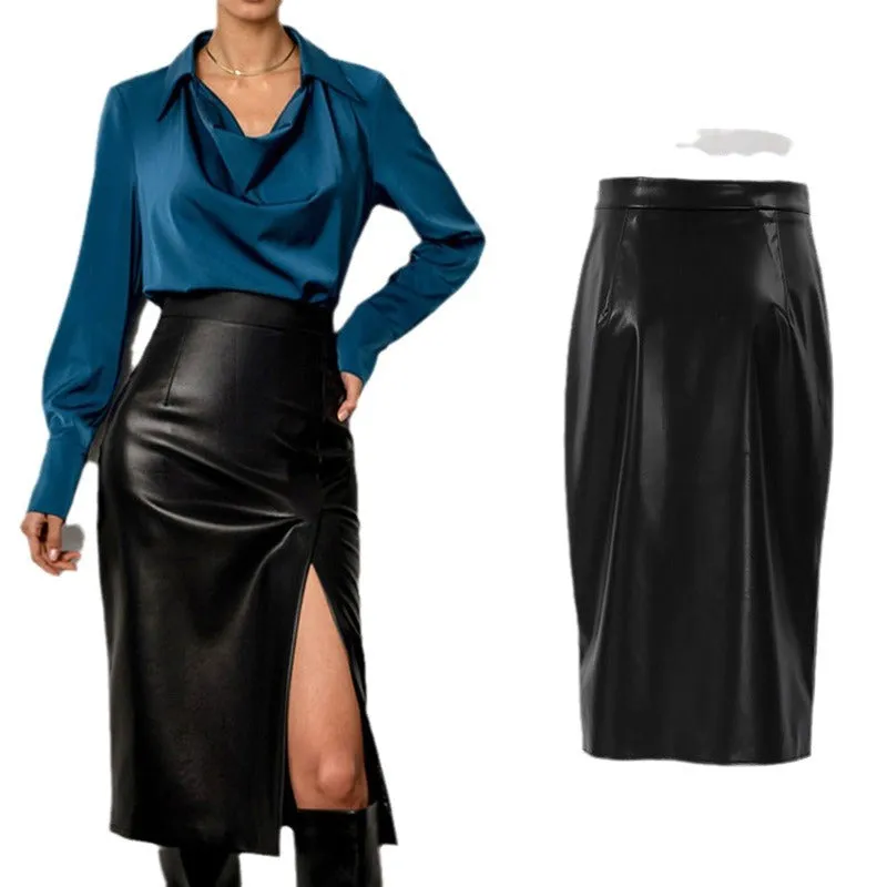 Lanfubeisi work outfits women 2024 Spring and Autumn New Women's Leather Skirt Casual Split High Waist Skirt Hot Selling