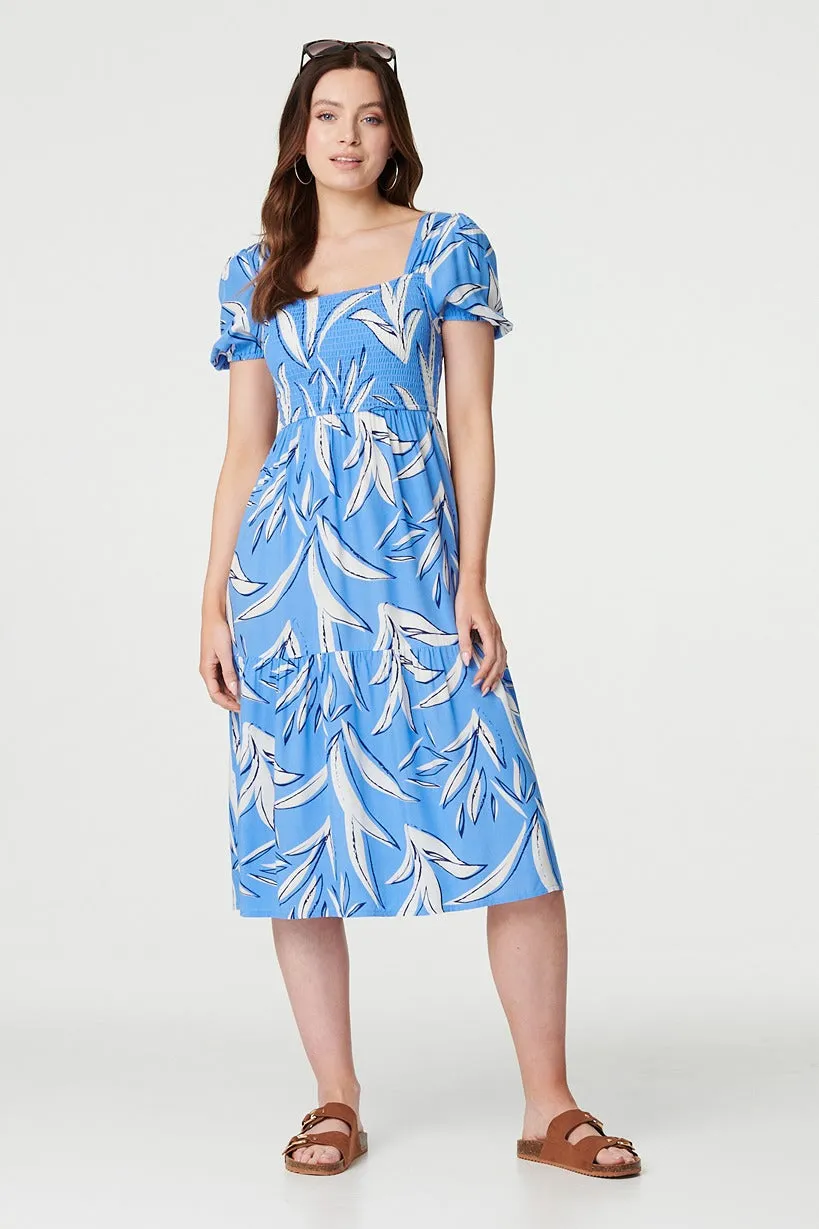 Leaf Print Smocked Midi Dress