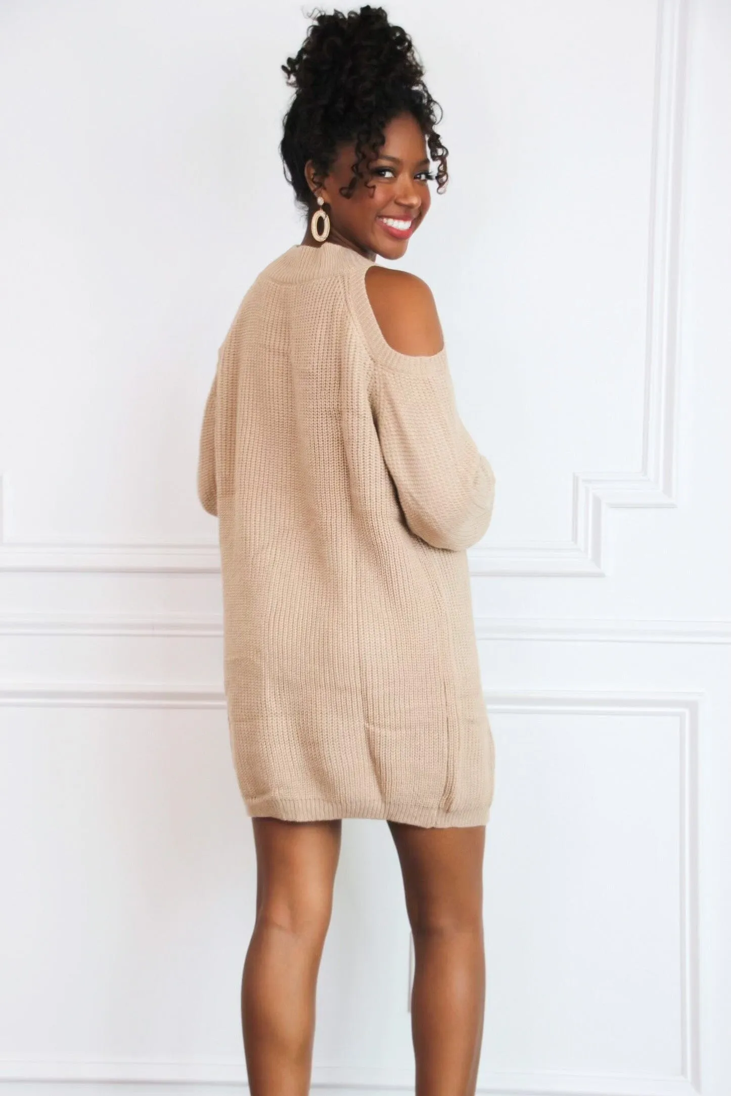 Leah Cold Shoulder Sweater Dress: Mocha