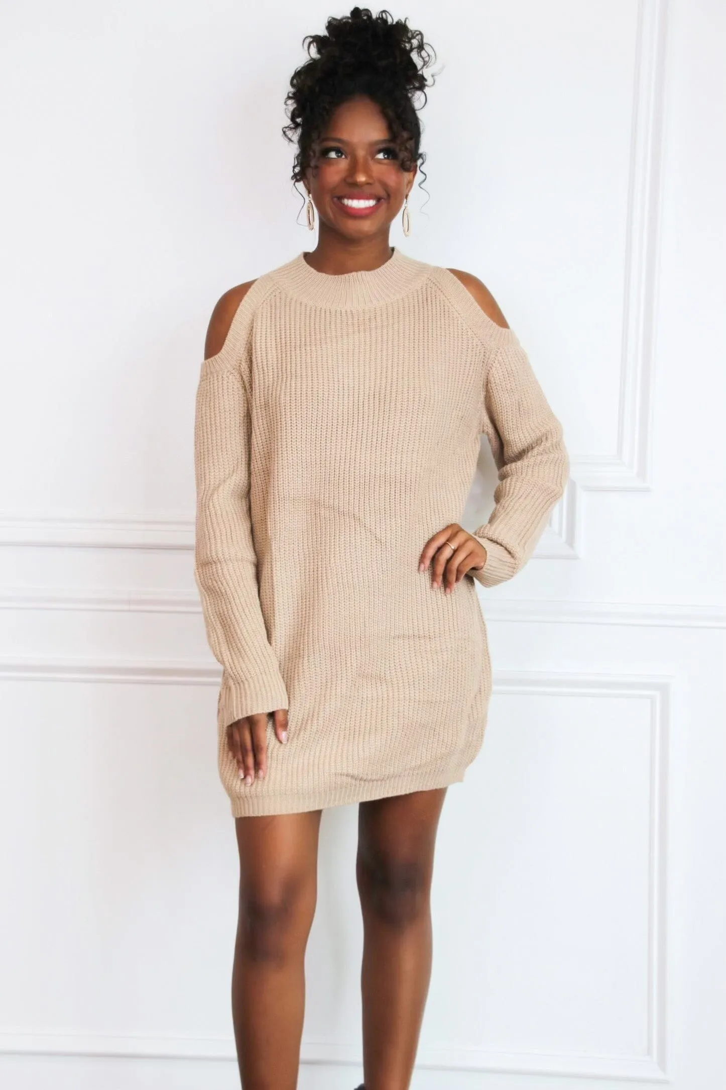 Leah Cold Shoulder Sweater Dress: Mocha