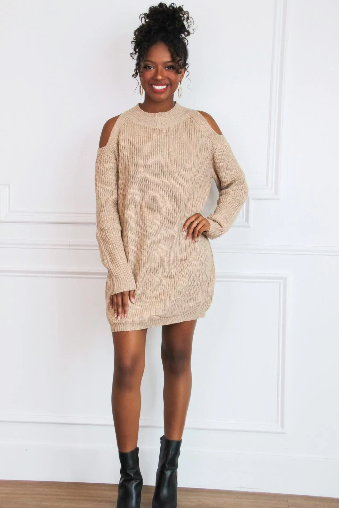 Leah Cold Shoulder Sweater Dress: Mocha