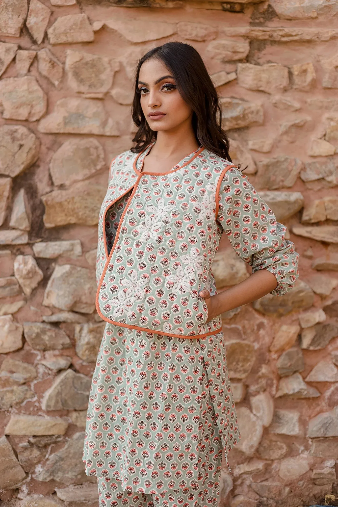 Light Blue Kurta Set With Embroidered Quilted Jacket