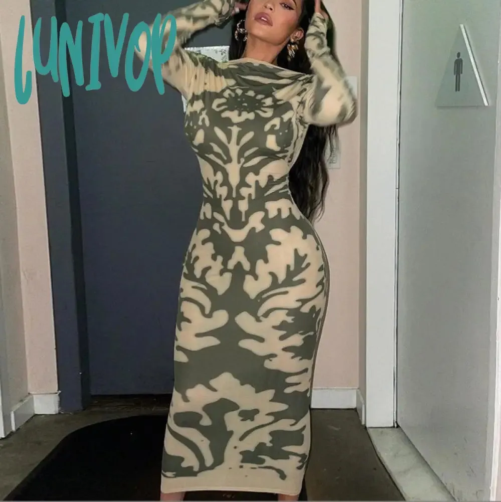 Lunivop dress to impress outfits Women's 2024 New Autumn Fashion Printed Slim Backless Long Sleeve Dress Women