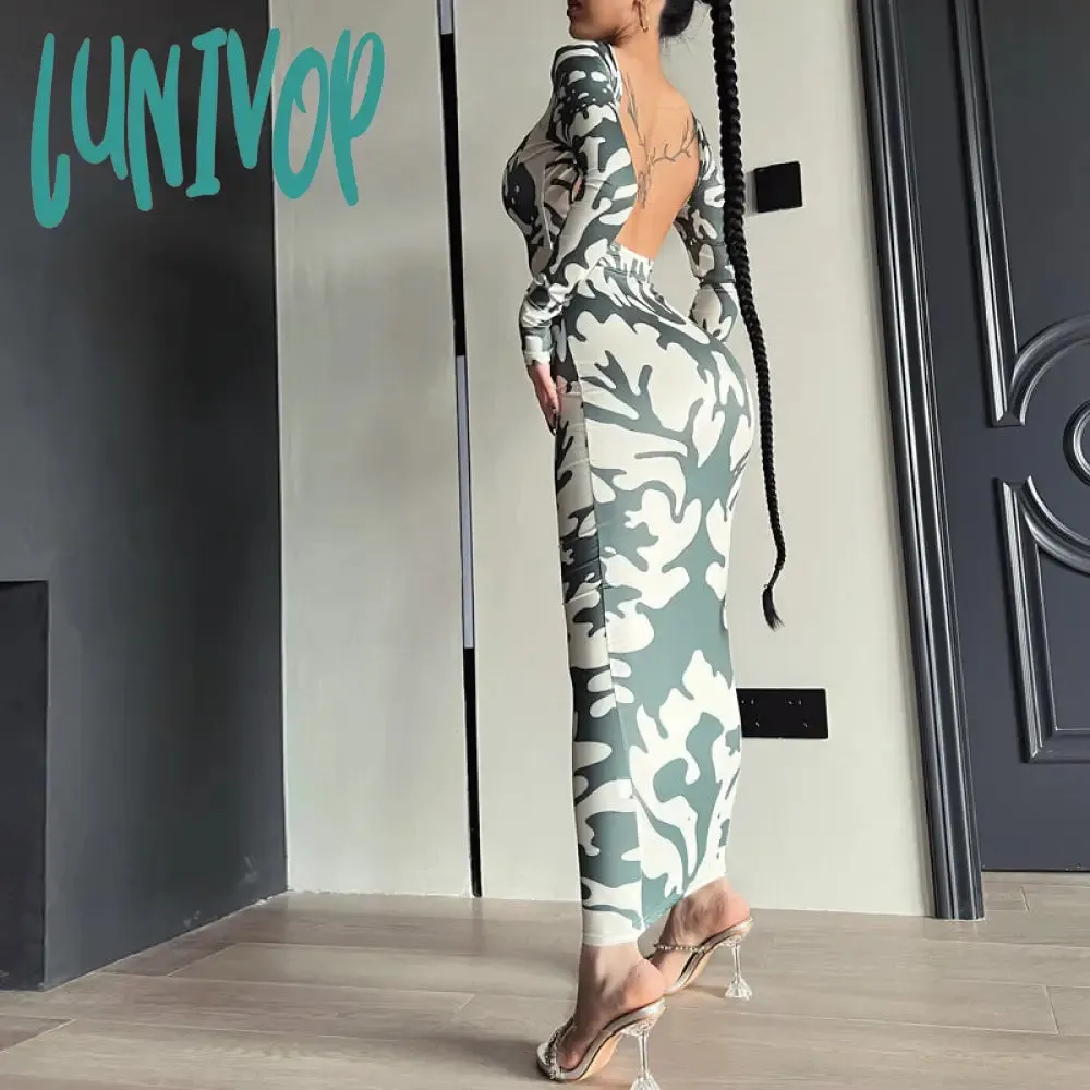 Lunivop dress to impress outfits Women's 2024 New Autumn Fashion Printed Slim Backless Long Sleeve Dress Women