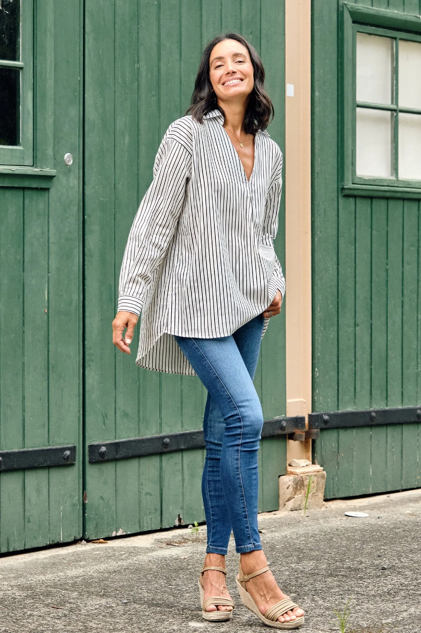 Lynette Collared Long Sleeve Shirt Striped Navy with Lurex