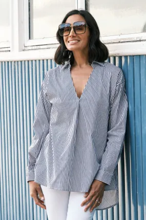 Lynette Collared Long Sleeve Shirt Striped Navy