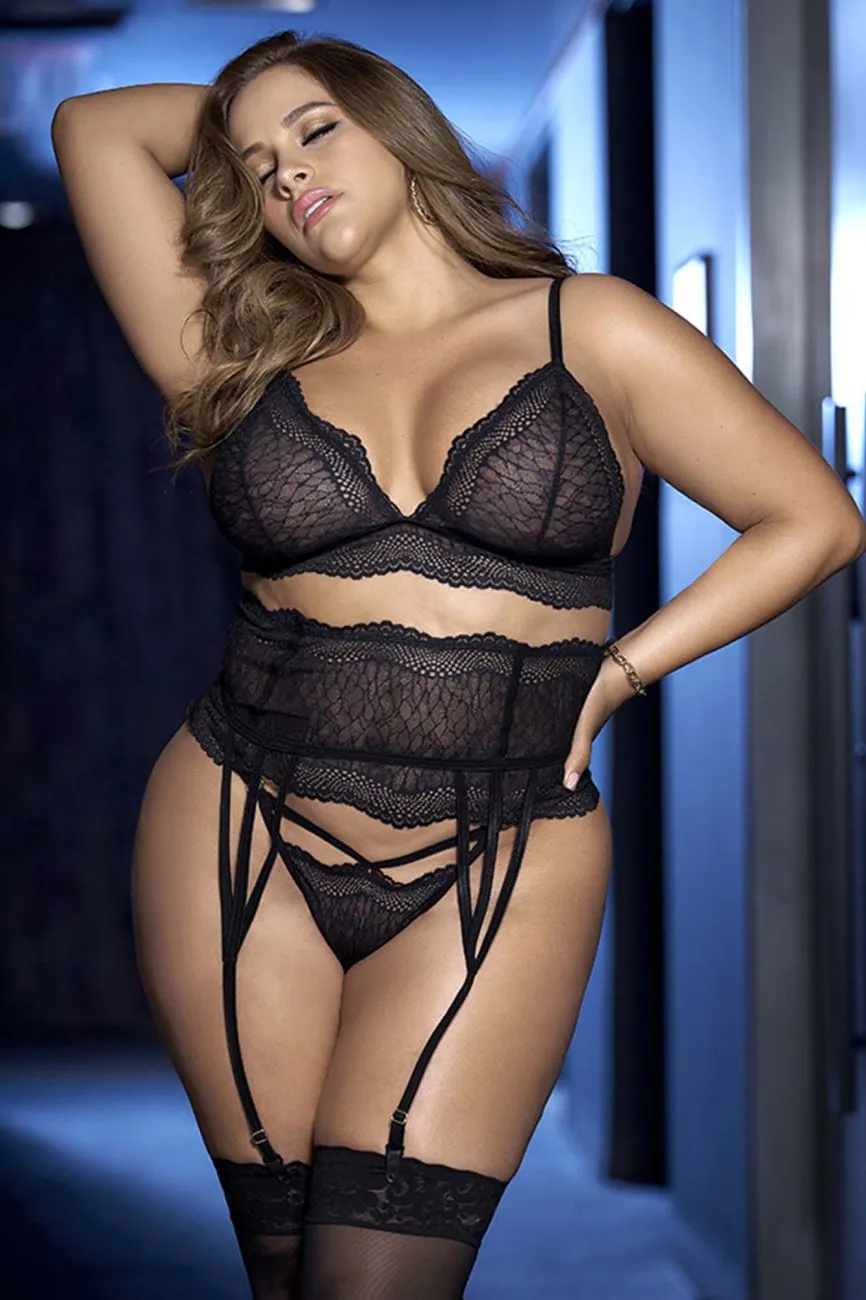 Mapale 8682X Curvy Size Three Piece Lingerie Set Color Black