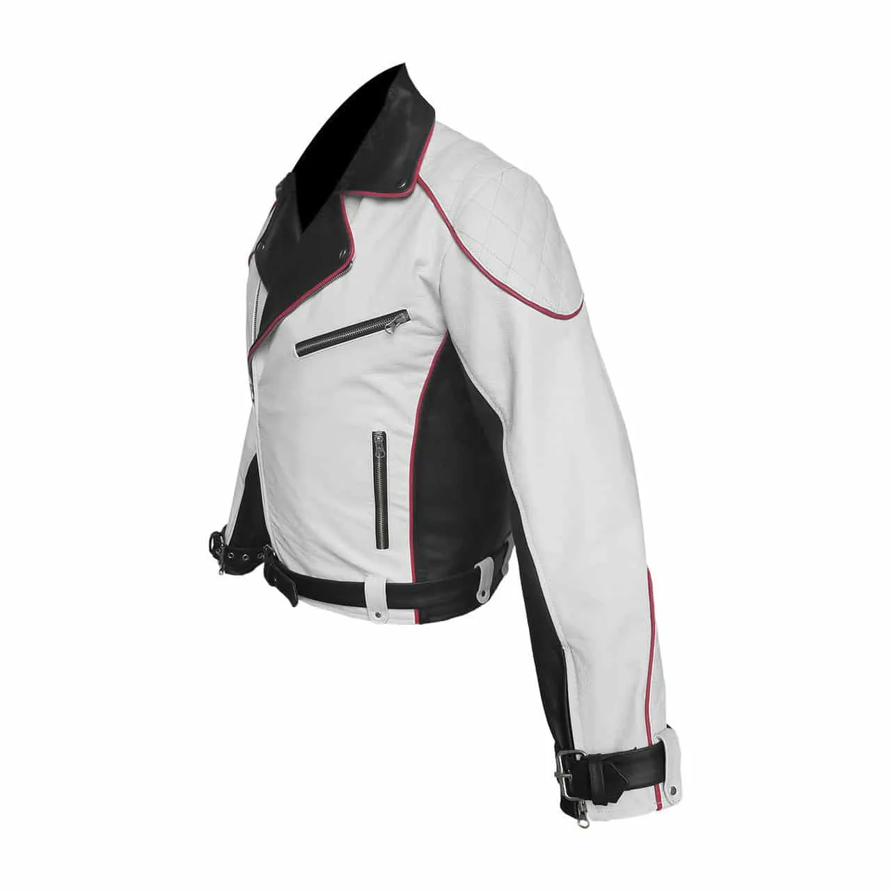 Mens Black, White, and Red Leather Bikers Style Racers Jacket - RAW2-REG