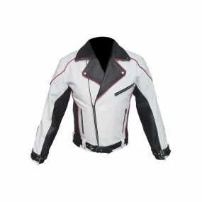 Mens Black, White, and Red Leather Bikers Style Racers Jacket - RAW2-REG