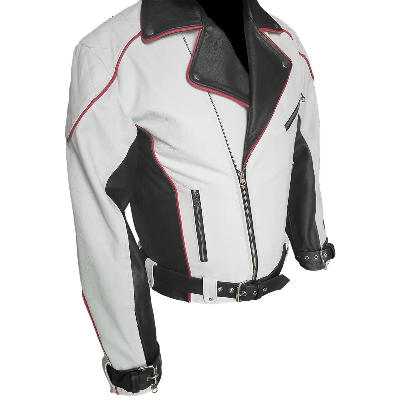 Mens Black, White, and Red Leather Bikers Style Racers Jacket - RAW2-REG