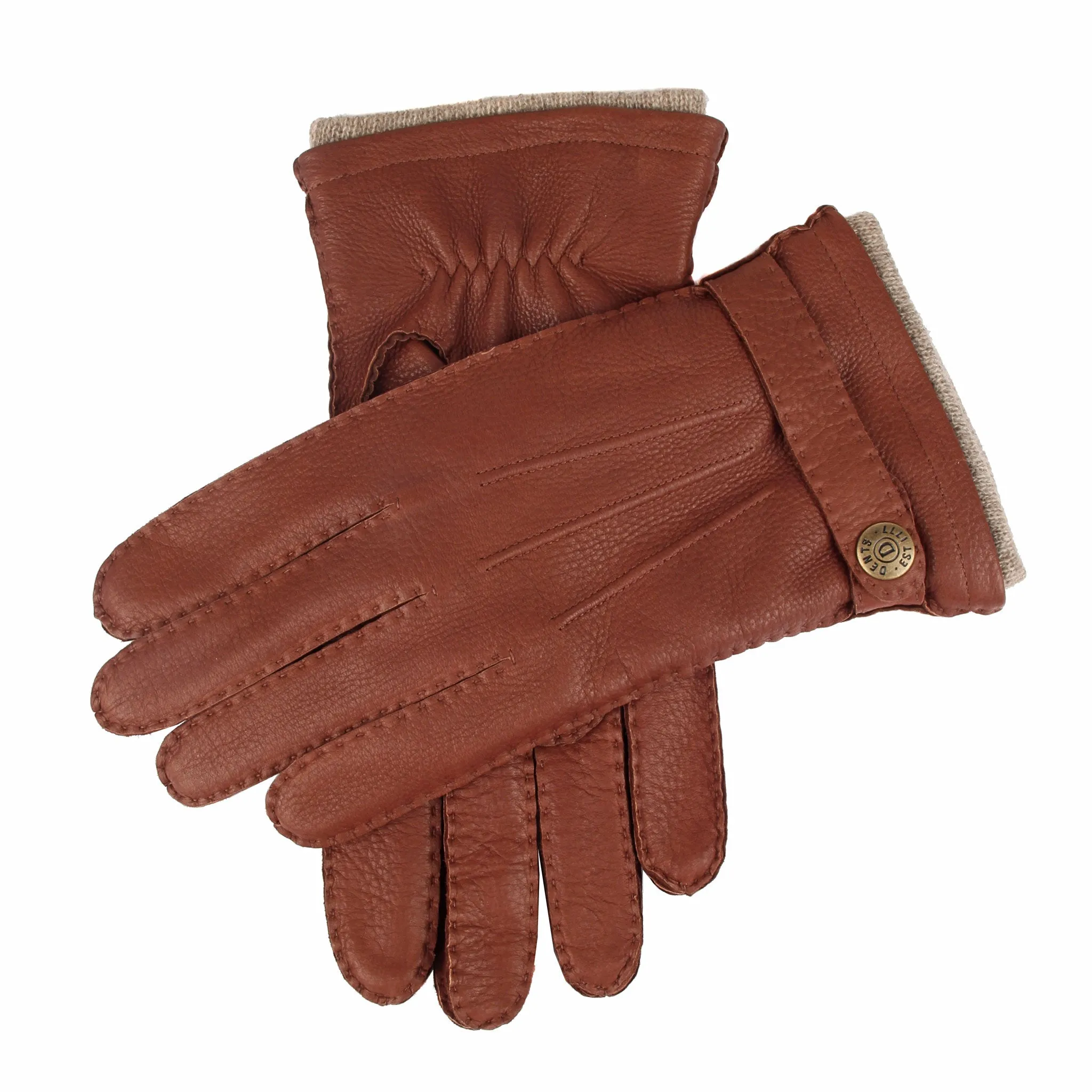 Men's Handsewn Three-Point Cashmere-Lined Deerskin Leather Gloves with Cashmere Cuffs