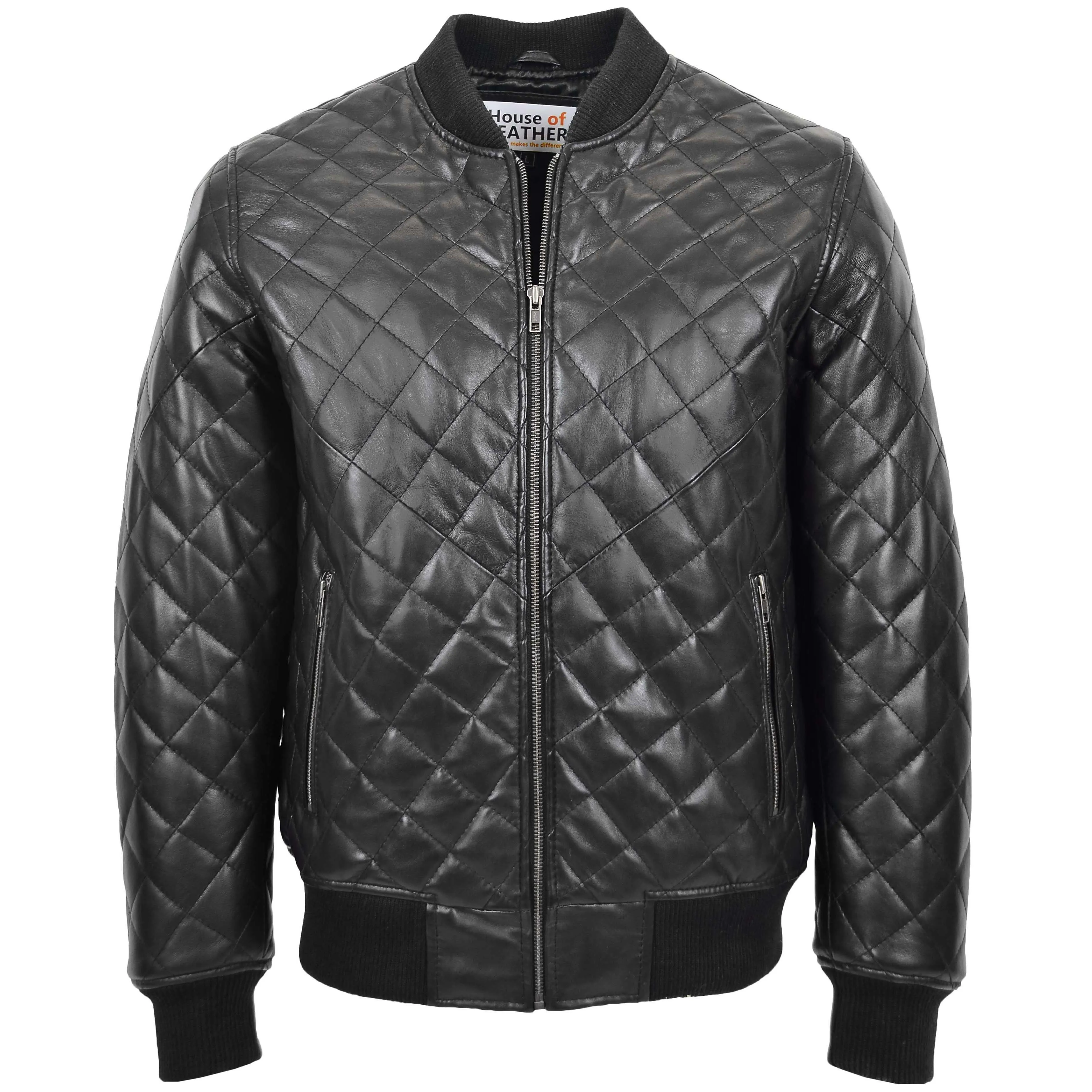 Mens Leather Quilted Bomber Jacket Warren Black