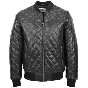 Mens Leather Quilted Bomber Jacket Warren Black