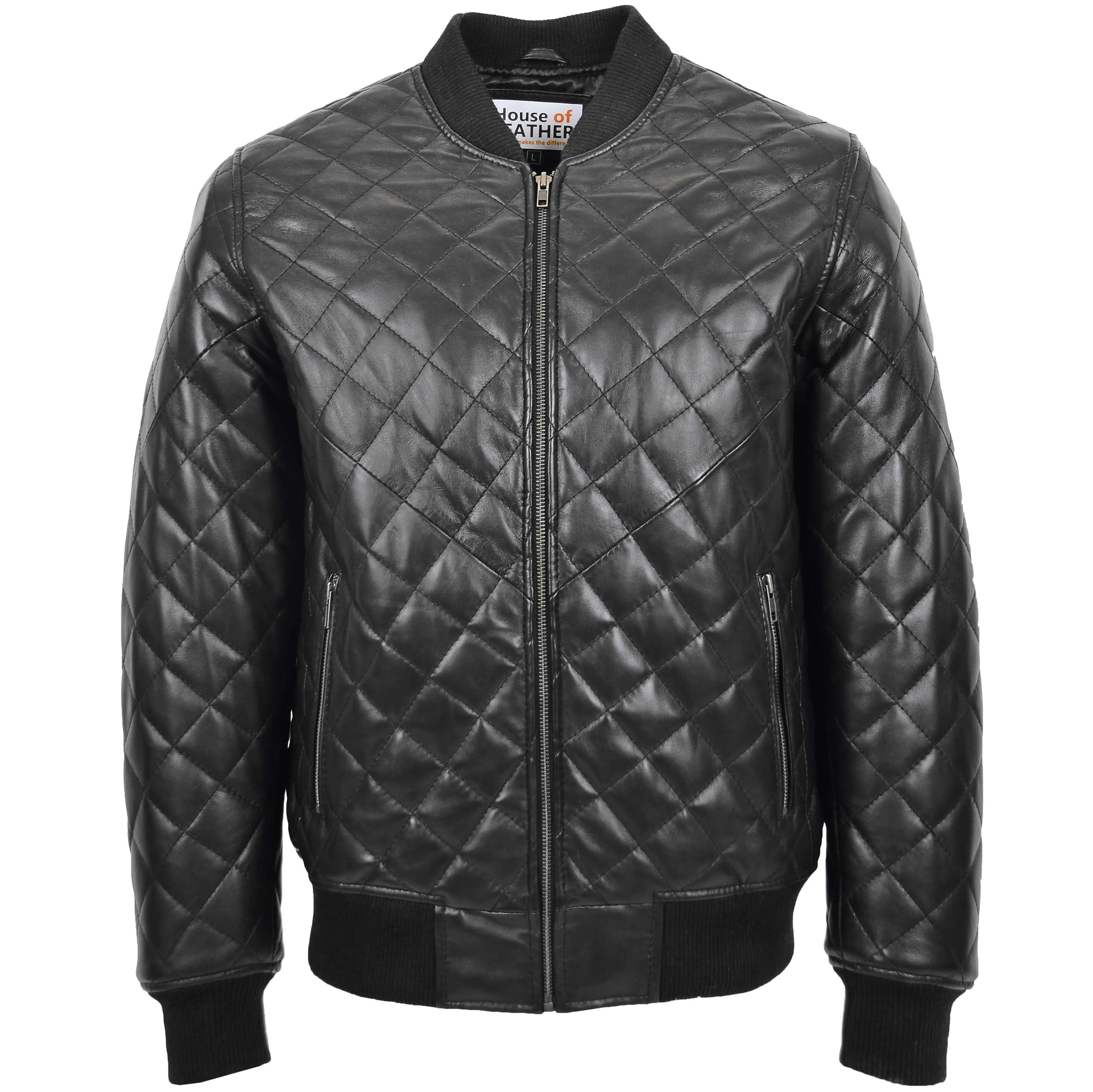 Mens Leather Quilted Bomber Jacket Warren Black