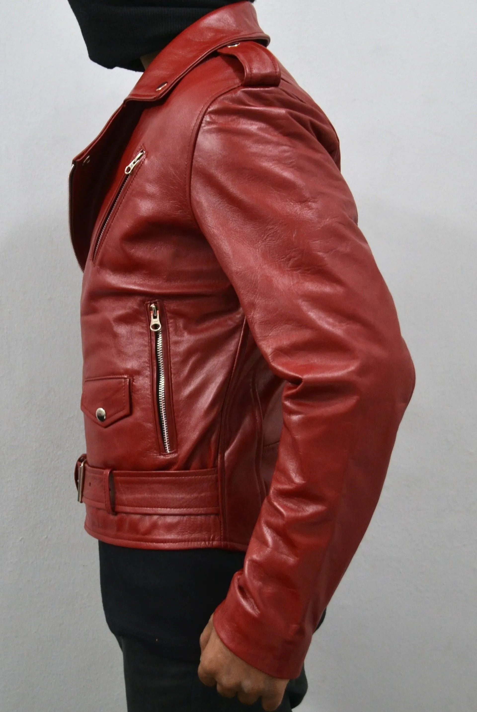 Men's Maroon Motorcycle Genuine Leather Slim-Fit Biker Jacket