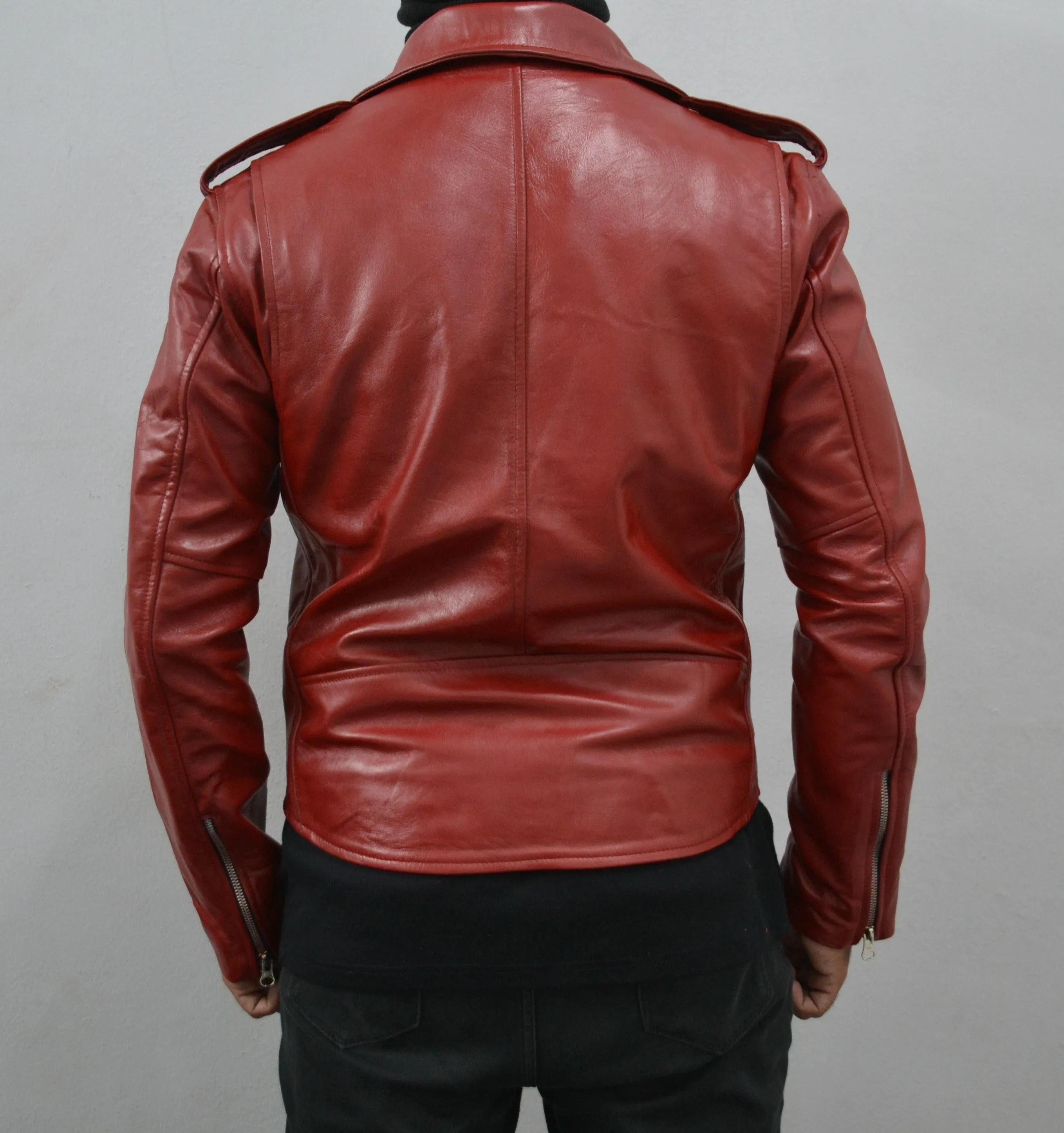 Men's Maroon Motorcycle Genuine Leather Slim-Fit Biker Jacket