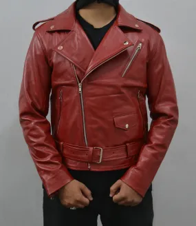 Men's Maroon Motorcycle Genuine Leather Slim-Fit Biker Jacket