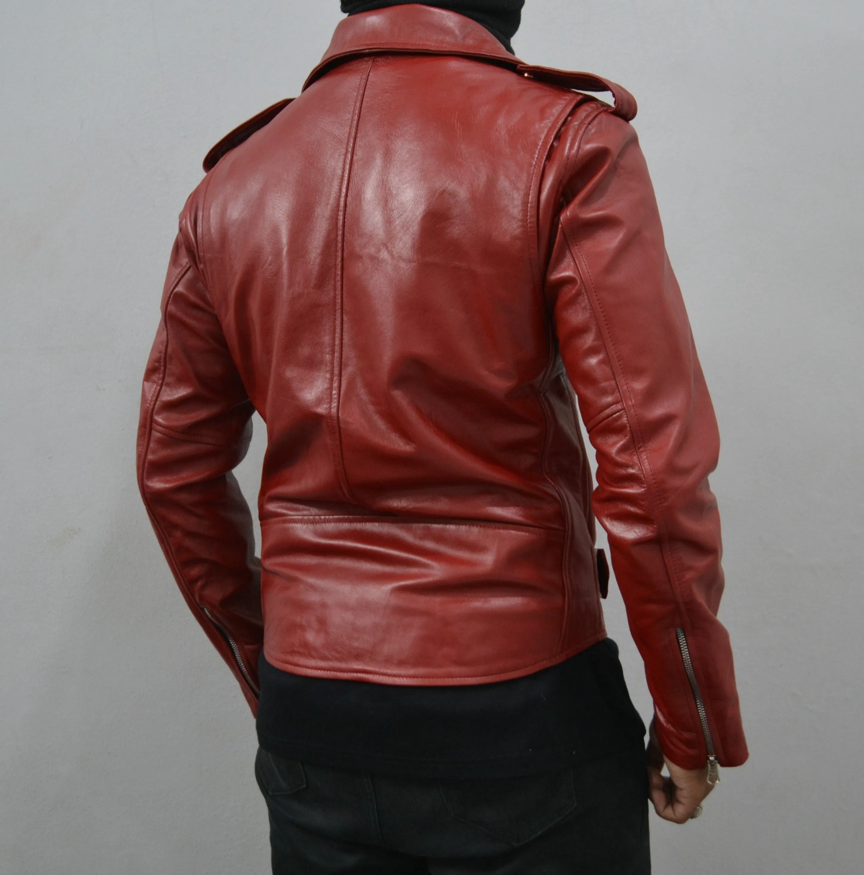 Men's Maroon Motorcycle Genuine Leather Slim-Fit Biker Jacket