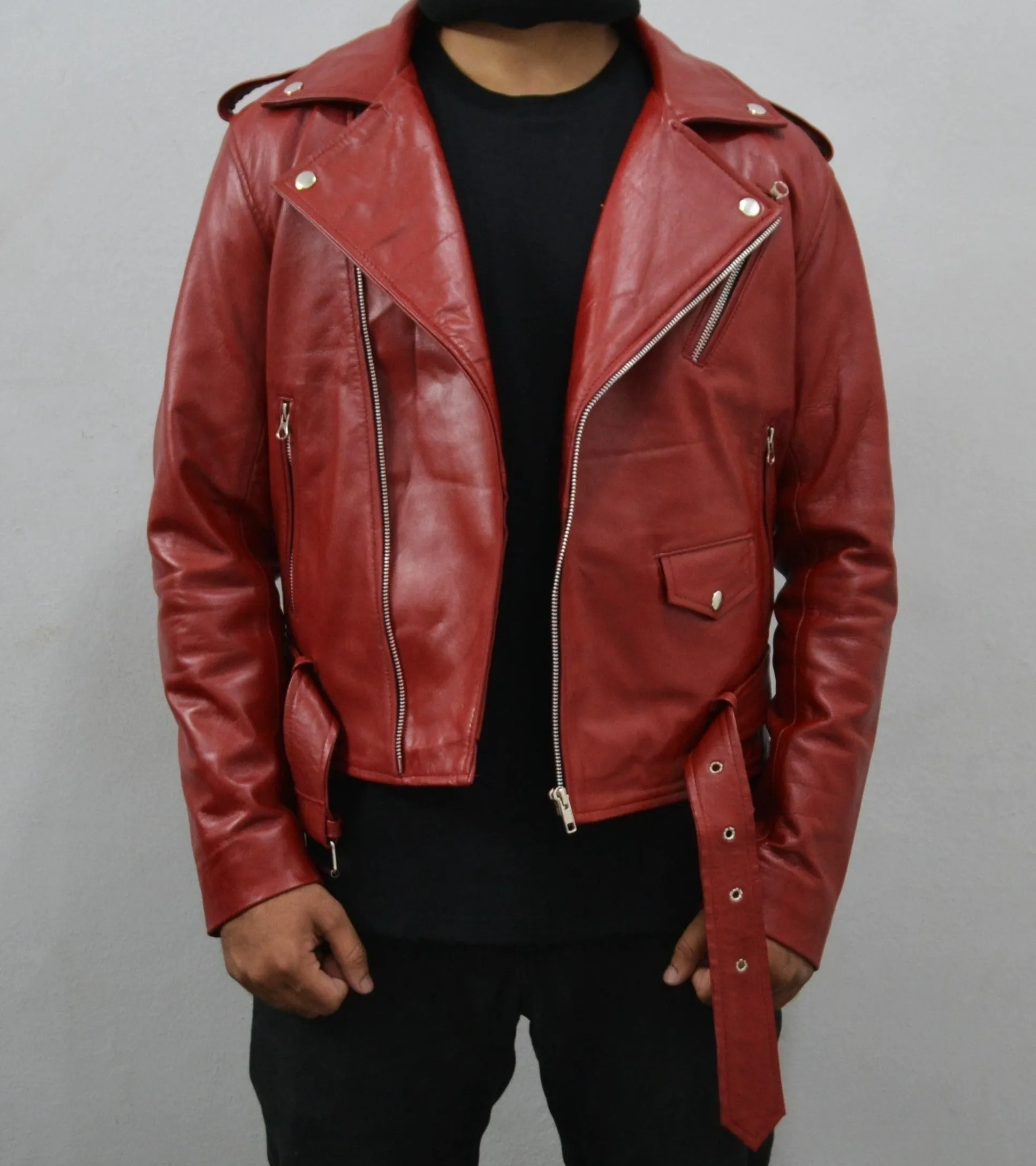 Men's Maroon Motorcycle Genuine Leather Slim-Fit Biker Jacket